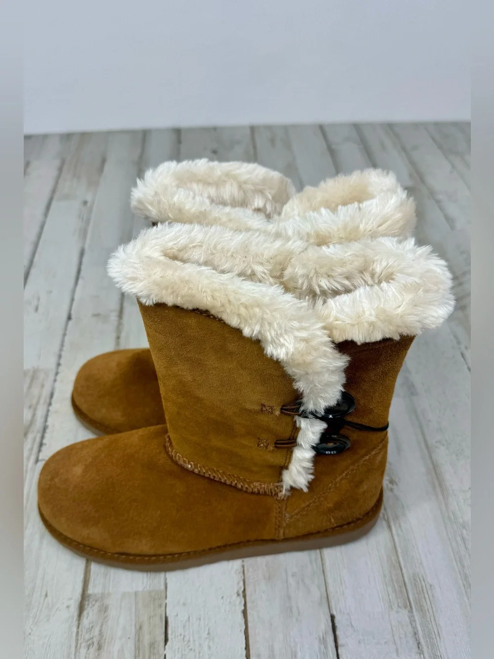 Mossimo Supply Co Brown Chestnut Suede Mid Calf Boots Cream Fur Women's 7 - Picture 3 of 6